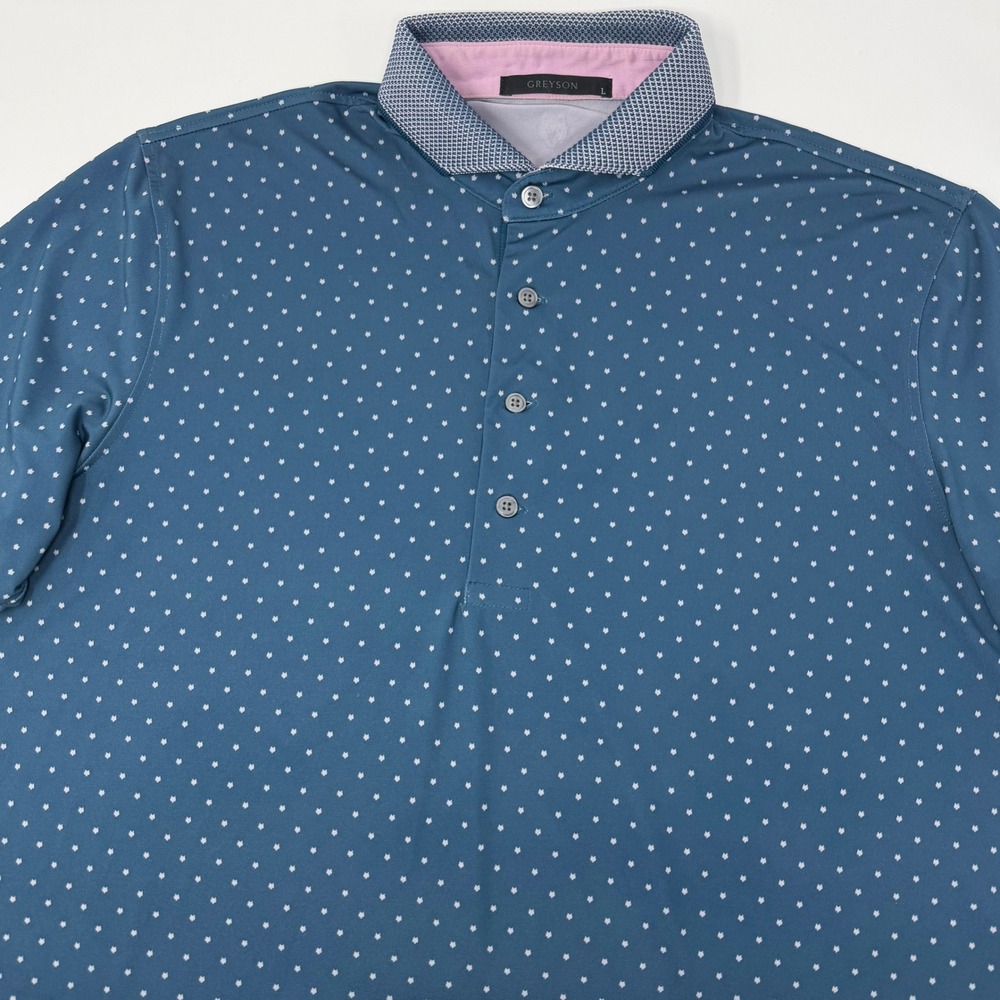 Greyson Mens Blue Wolf Logo AOP Performance Golf Polo Shirt Size Large